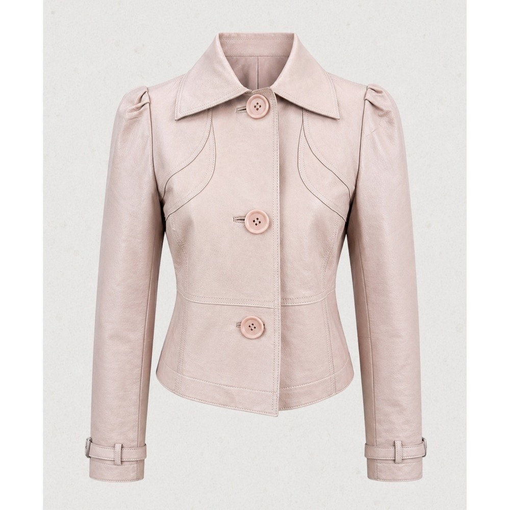 Spiegel Genuine Leather Jacket Pink Blush Puff Sleeve Y2K Cropped Women's Size 4 - Picture 16 of 16